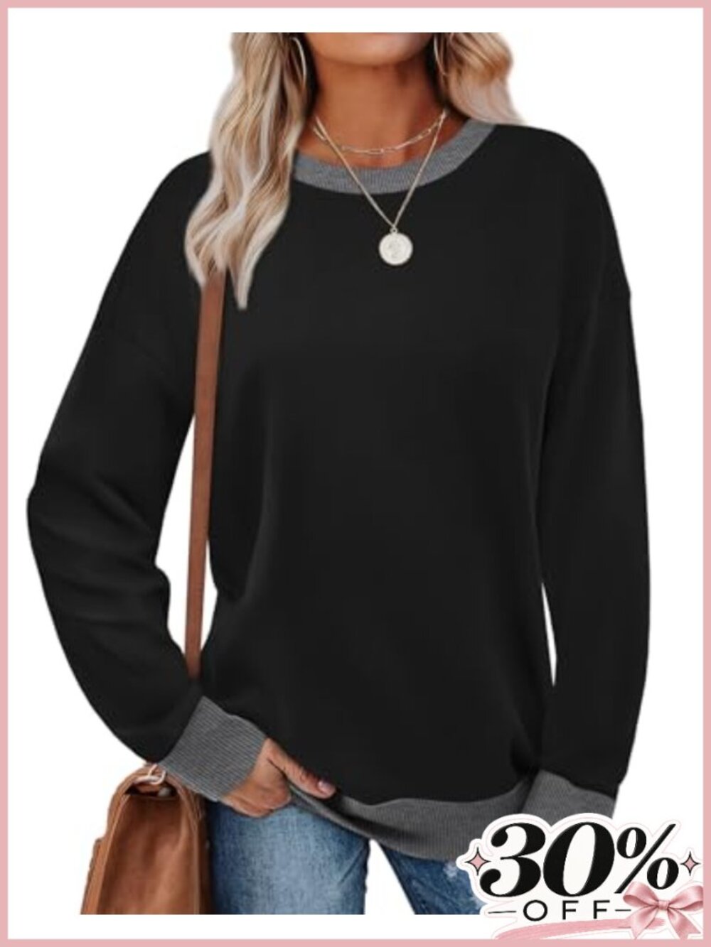 Saloogoe Women's Crewneck Sweatshirt Color Block Ribbed Trim Loose Fit Long